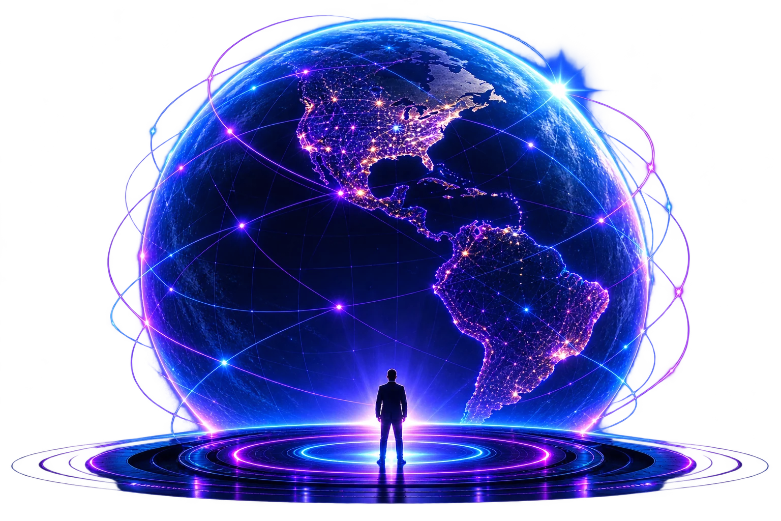Planeta Tierra conectado por una red digital violeta y azul frente a una plataforma luminosa